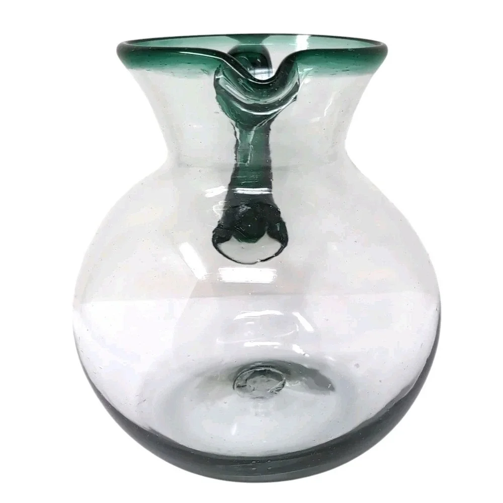 Mexican Hand Blown Glass Margarita Pitcher Vase Clear/Emerald Green Rim & Handle